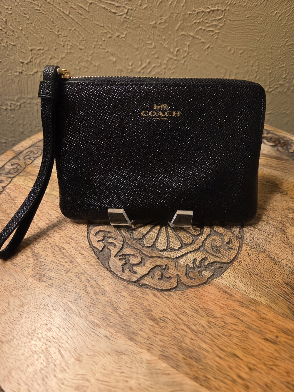 COACH Black Crossgrain Leather Wristlet Pouch NWOT